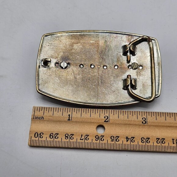 Silver-Tone Belt Buckle With Oval Snowflake Obsidian Gemstone Bead Inlay Vintage - Picture 4 of 6